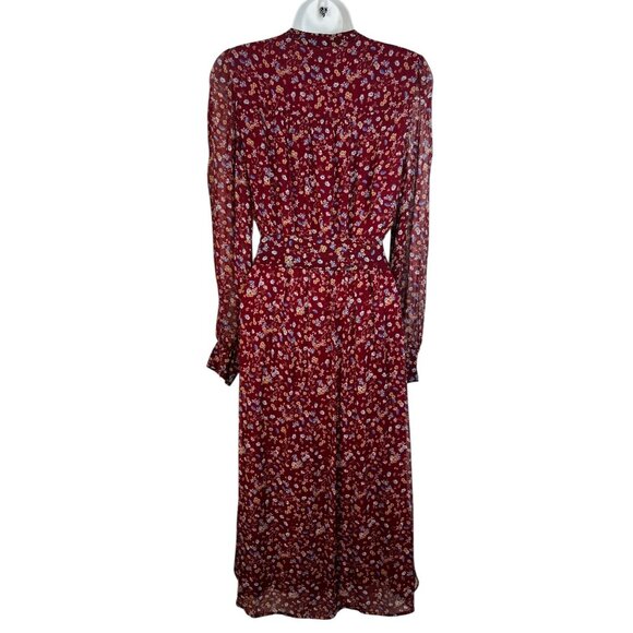 Sezane Alix Midi Dress Sheer Sleeves Button Up Red Bordeaux Floral Print 34 XS - Picture 12 of 15